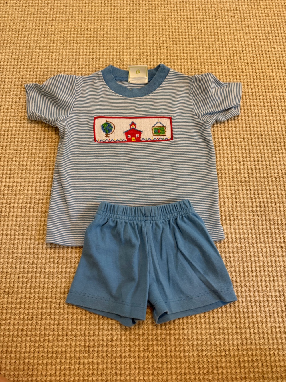 Back to school: Blue Striped Kids Matching Set with Schoolhouse Applique